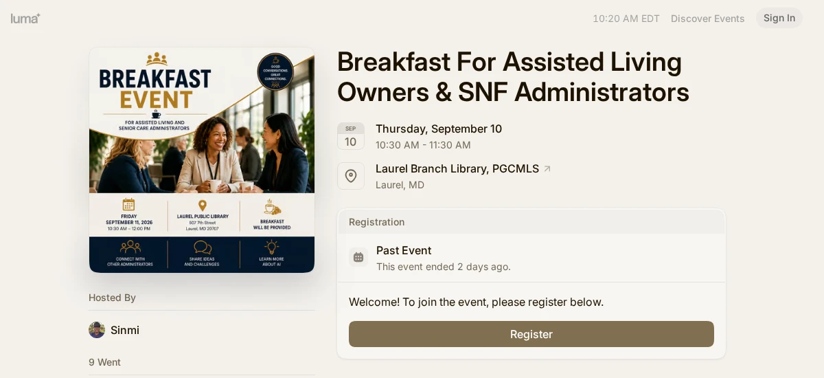 The Luma event page for Breakfast For Assisted Living Owners & SNF Administrators, showing Thursday, September 10, Laurel Branch Library, and Past Event registration status.