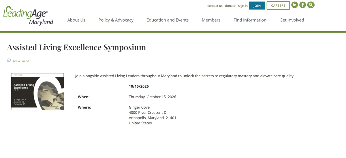 The LeadingAge Maryland event page for the Assisted Living Excellence Symposium, showing Thursday, October 15, 2026, at Ginger Cove in Annapolis, Maryland.
