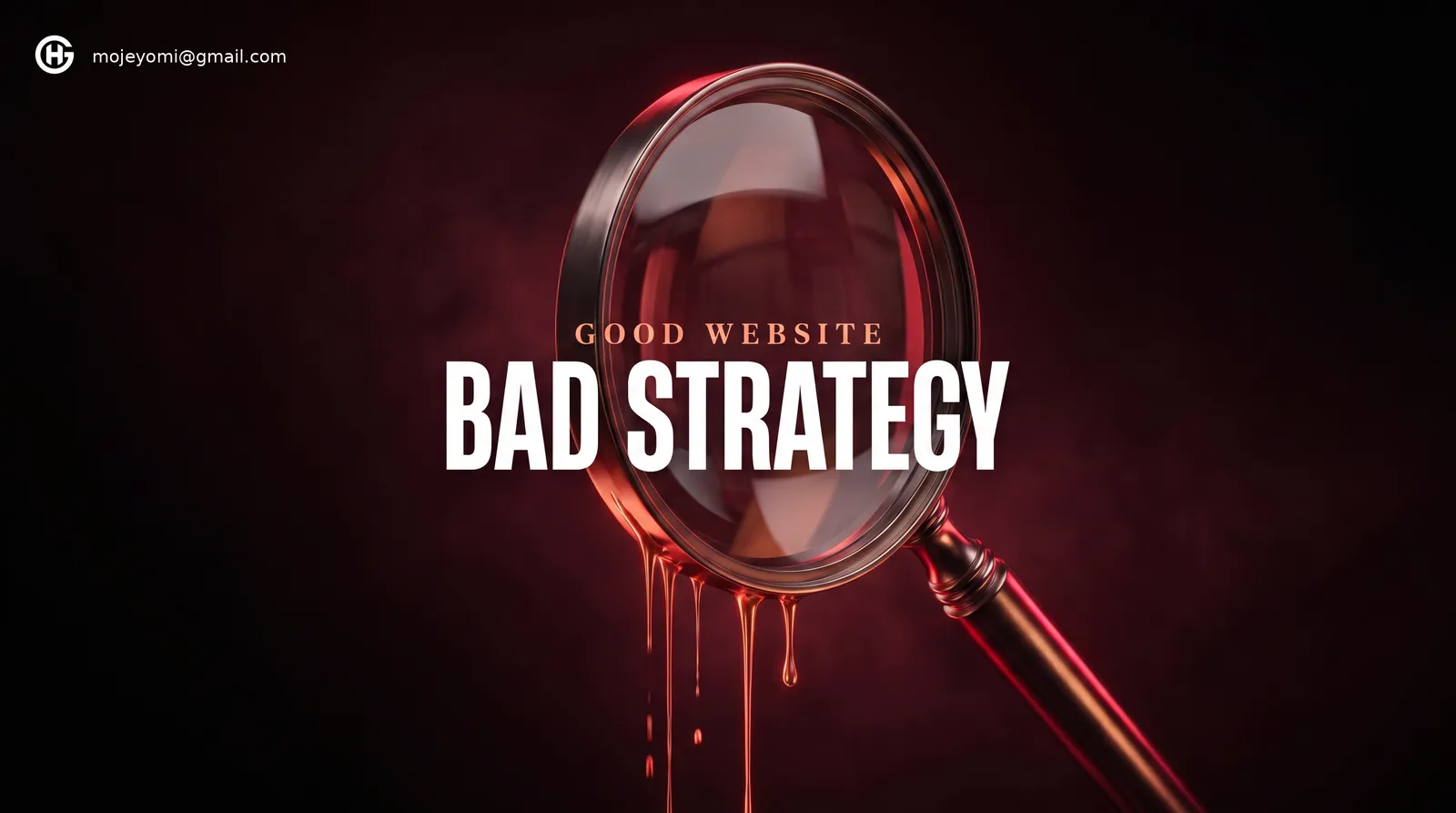 A magnifying glass hovering over the words GOOD WEBSITE BAD STRATEGY, dripping red paint — illustrating that a polished AI-generated site can still fail on strategy.